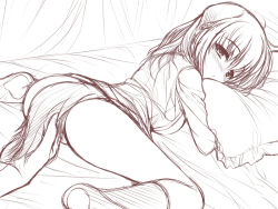 Rule 34 | 1girl, animal ears, ass, bed, blush, bottomless, cat ears, cat tail, dog ears, dog tail, holding another&#039;s tail, long hair, monochrome, hugging object, pillow, pillow hug, short hair, sketch, solo focus, tail, tail grab, uni8