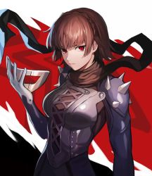 Rule 34 | 1girl, absurdres, afri, black bodysuit, black scarf, bodysuit, braid, breasts, brown hair, closed mouth, eye mask, highres, holding, holding mask, korean commentary, looking at viewer, mask, medium breasts, niijima makoto, persona, persona 5, red eyes, scarf, short hair, shoulder spikes, solo, spikes, upper body, v-shaped eyebrows