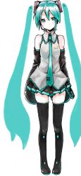 Rule 34 | 1girl, :3, aqua eyes, aqua hair, bad id, bad pixiv id, bare shoulders, boots, detached sleeves, hatsune miku, headset, kirisawa saki, long hair, necktie, simple background, skirt, sleeves past wrists, solo, thigh boots, thighhighs, twintails, very long hair, vocaloid, white background