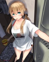 Rule 34 | 10s, 1girl, anchor hair ornament, anchor symbol, bad id, bad pixiv id, blonde hair, blue eyes, blush, breasts, cleavage, collarbone, collarless shirt, cup, doorway, flag print, german flag, hair between eyes, hair ornament, holding, holding cup, indoors, kantai collection, large breasts, lips, long hair, looking at viewer, looking up, messy hair, mug, narushima kanna, opening door, pov doorway, prinz eugen (kancolle), shadow, shirt, short sleeves, solo, t-shirt, toothbrush in mouth, twintails, twitter username, when you see it, white shirt