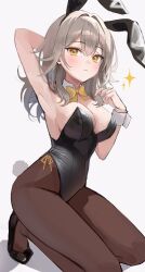 Rule 34 | 1girl, absurdres, animal ears, arm up, armpits, black footwear, black leotard, black pantyhose, blush, bow, bowtie, breasts, closed mouth, commentary, detached collar, fake animal ears, grey hair, hair intakes, hand up, high heels, highres, honkai: star rail, honkai (series), kneeling, knees out of frame, leotard, long hair, looking at viewer, medium breasts, orange eyes, pantyhose, playboy bunny, rabbit ears, ri yonn, simple background, solo, sparkle, strapless, strapless leotard, traditional bowtie, trailblazer (honkai: star rail), white background, wrist cuffs