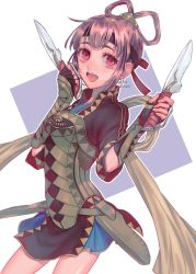 Rule 34 | 1girl, armor, breasts, fingerless gloves, gensou suikoden, gensou suikoden v, gloves, hair rings, headband, highres, knife, looking at viewer, miakis (suikoden), open mouth, purple eyes, purple hair, sakai (motomei), short hair, skirt, smile, solo, weapon