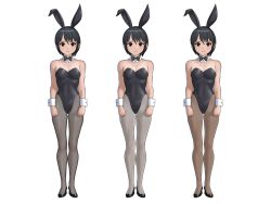 Rule 34 | 1girl, :|, animal ears, black bow, black bowtie, black footwear, black hair, black hairband, bow, bowtie, breasts, brown eyes, brown pantyhose, character sheet, closed mouth, commentary, costume chart, detached collar, expressionless, fake animal ears, full body, grey pantyhose, hair between eyes, hairband, herikutsu ryuutsuu center, high heels, highleg, highres, leotard, light blush, looking at viewer, medium breasts, multiple views, muscular, muscular female, original, pantyhose, playboy bunny, rabbit ears, shoes, short hair, simple background, standing, strapless, strapless leotard, tan, tanline, thick eyebrows, thigh gap, variations, white background, white neckwear, white pantyhose, wrist cuffs