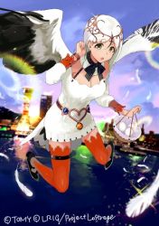 Rule 34 | 10s, 1girl, basket, black wings, company name, egg, feathered wings, feathers, flying, jpeg artifacts, multicolored wings, red thighhighs, sasamori tomoe, solo, thighhighs, white feathers, white hair, white wings, wings, wixoss