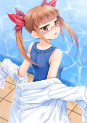 Rule 34 | 1girl, bare shoulders, blue one-piece swimsuit, blurry, blurry background, blush, bow, breasts, brown eyes, casual one-piece swimsuit, commentary request, depth of field, hair bow, idolmaster, idolmaster cinderella girls, ikebukuro akiha, lab coat, light brown hair, long sleeves, looking at viewer, looking back, miri (ago550421), one-piece swimsuit, parted lips, pool, red bow, sidelocks, signature, sleeves past fingers, sleeves past wrists, small breasts, solo, swimsuit, tile floor, tiles, twintails, water