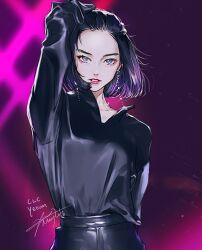 Rule 34 | 1girl, black hair, black shirt, clc (k-pop group), commentary, earrings, english commentary, eyeliner, hand in own hair, jang ye-eun, jewelry, looking to the side, makeup, pink lips, purple background, red eyeliner, shirt, short hair, simple background, solo, upper body, yooani