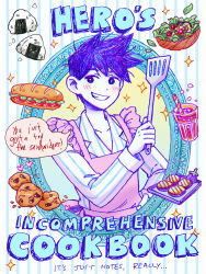 Rule 34 | 1boy, apron, blush, bright pupils, character name, collarbone, colored skin, cookie, cup, drinking glass, drinking straw, eggplant, english text, food, grin, hand on own hip, hero (headspace) (omori), hero (omori), highres, holding, holding spatula, long sleeves, looking at viewer, omocat, omori, onigiri, pajamas, parted lips, pink apron, purple eyes, purple hair, salad, salad bowl, sandwich, short hair, smile, spatula, speech bubble, teeth, upper body, white pupils, white skin
