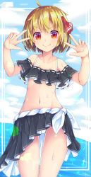 Rule 34 | 1girl, ahoge, blonde hair, closed mouth, cloud, cloudy sky, commentary request, cowboy shot, day, double w, dutch angle, fang, fisheye, flat chest, hair ribbon, highres, horizon, navel, outdoors, red eyes, red ribbon, ribbon, rumia, short hair, skin fang, sky, smile, solo, tagme, touhou, uumaru, w