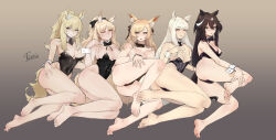 Rule 34 | 5girls, absurdres, animal ears, areola slip, arknights, ass, aunt and niece, barefoot, black hair, black headwear, black leotard, blemishine (arknights), blonde hair, blush, bow, bowtie, breasts, detached collar, feet, highres, horse ears, horse girl, horse tail, large breasts, leotard, looking at viewer, meteor (arknights), multiple girls, nearl (arknights), one eye closed, open mouth, platinum (arknights), playboy bunny, siblings, sisters, smile, soles, strapless, tail, thighs, tierla, toes, whislash (arknights), white hair, wrist cuffs