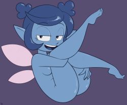 Rule 34 | 1girl, ass, barefoot, blue background, blue hair, blue skin, breasts, colored skin, fairy, feet, female focus, highres, legs, looking at viewer, navi, nintendo, nude, open mouth, pinup (style), roger bacon, short hair, solo, starbomb, the legend of zelda, thighs, underboob, wings