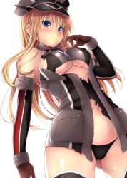 Rule 34 | 10s, 1girl, ayuteisyoku, bare shoulders, bismarck (kancolle), black panties, blonde hair, blue eyes, blush, breasts, cameltoe, covered erect nipples, detached sleeves, female focus, gloves, hat, kantai collection, large breasts, long hair, looking at viewer, military, military uniform, navel, panties, peaked cap, simple background, solo, thighhighs, torn clothes, underboob, underwear, uniform, white background