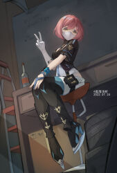 Rule 34 | 1girl, 2022, absurdres, alternate eye color, artist name, black footwear, black leotard, bob cut, boots, bottle, breasts, chair, dated, desk, full body, garage, gloves, highres, honkai (series), honkai impact 3rd, ice skates, indoors, large breasts, leotard, looking at viewer, mask, mouth mask, pink hair, short hair, short sleeves, single glove, sitting, skates, solo, table, thigh boots, timido cute, tire, v, white gloves, wine bottle, xiluo qian xi, yellow eyes