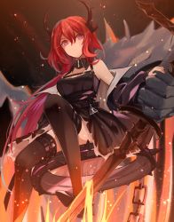 Rule 34 | 1girl, arknights, black dress, black thighhighs, chain, collar, demon girl, demon horns, dress, expressionless, hair between eyes, highres, horns, looking down, minuo, off shoulder, purple eyes, red hair, sitting, solo, spiked collar, spikes, surtr (arknights), thighhighs