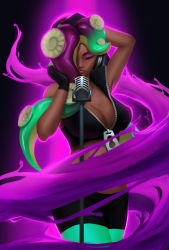 Rule 34 | 1girl, absurdres, arm behind head, arm up, asymmetrical hair, bare arms, bare shoulders, bioluminescence, breasts, cleavage, closed eyes, colored skin, cowboy shot, crop top, cropped vest, dark-skinned female, dark skin, fingerless gloves, gloves, glowing, glowing skin, green hair, green skin, hand up, headphones, highres, lips, long hair, makeup, marina (splatoon), medium breasts, microphone, microphone stand, midriff, mole, mole under mouth, multicolored hair, multicolored skin, music, nintendo, octoling, paint, pantyhose, parted lips, purple hair, reagan long, shorts, singing, solo, splatoon (series), splatoon 2, standing, suction cups, tentacle hair, two-tone skin, unzipped, very long hair, vest, zipper, zipper pull tab