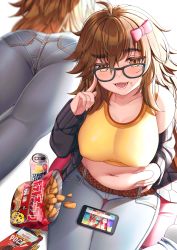 Rule 34 | 1girl, :d, ahoge, ass, bag of chips, bare shoulders, bell, black-framed eyewear, black jacket, blue pants, blush, bow, breasts, brown eyes, brown hair, can, cellphone, chips (food), collarbone, commentary request, covered erect nipples, crop top, cushion, denim, fate/grand order, fate (series), fingernails, food, food on face, glasses, hair between eyes, hair bow, highres, jacket, jeans, jinako carigiri, karna (fate), large breasts, long hair, long sleeves, lying, midriff, multiple views, navel, no shoes, off shoulder, on stomach, open clothes, open jacket, open mouth, pants, pantylines, phone, pink bow, pocky, potato chips, saruei, shirt, simple background, sitting, sleeveless, sleeveless shirt, sleeves past wrists, smile, socks, strong zero, thigh gap, very long hair, white background, white legwear, yellow shirt, zabuton