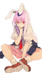 Rule 34 | 1girl, animal ears, unworn blazer, closed mouth, commentary request, full body, hand up, highres, knees apart feet together, long hair, looking at viewer, mieharu, necktie, pink hair, pink skirt, puffy short sleeves, puffy sleeves, rabbit ears, rabbit girl, red eyes, red footwear, red necktie, reisen udongein inaba, shirt, shoe soles, shoes, short sleeves, simple background, sitting, skirt, socks, solo, touhou, very long hair, white background, white shirt, white socks