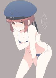 Rule 34 | ..., 10s, 1girl, alternate costume, beret, between legs, bikini, blue bikini, blush, breasts, brown eyes, brown hair, clothes writing, covering privates, covering breasts, cowboy shot, embarrassed, hand between legs, hat, kantai collection, leaning forward, mzh, sailor hat, small breasts, solo, spoken blush, swimsuit, z3 max schultz (kancolle)