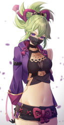 Rule 34 | 1girl, absurdres, arm belt, arms behind back, belt, black belt, black gloves, black shirt, black shorts, breasts, cleavage, commentary, covered mouth, cowboy shot, crop top, fishnet top, fishnets, genshin impact, gloves, green hair, groin, hair between eyes, hair ornament, highres, hood, hood down, hooded jacket, jacket, kuki shinobu, long sleeves, looking at viewer, mask, medium breasts, midriff, mouth mask, navel, open clothes, open jacket, partially fingerless gloves, ponytail, purple eyes, purple jacket, purple rope, rope, sentouryoku 5, shimenawa, shirt, short shorts, shorts, sidelocks, simple background, sleeveless, sleeveless shirt, solo, standing, white background