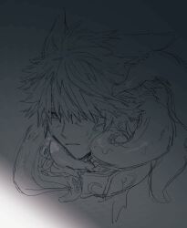 Rule 34 | 1boy, animal ears, black background, cropped shoulders, final fantasy, final fantasy xiv, heavy breathing, lineart, male focus, one eye closed, parted lips, popocoy, short hair, simple background, sketch, solo, suggestive fluid, tentacle around neck, tentacles, tentacles on male, warrior of light (ff14), wolf ears, wrinkled skin