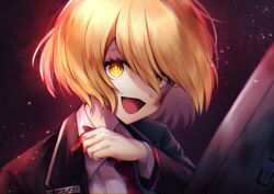 Rule 34 | 1girl, black jacket, blonde hair, blood, blood on face, blood on hands, collared shirt, don quixote (project moon), empty eyes, jacket, limbus company, long sleeves, mikoto0x0, necktie, open mouth, project moon, red necktie, shirt, short hair, smile, solo, white shirt, yellow eyes