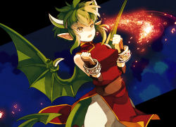 Rule 34 | 1girl, belt, china dress, chinese clothes, clenched hand, clenched hands, draco centauros, dress, gloves, green hair, horns, kokuzu, madou monogatari, pants, pointy ears, puyopuyo, short hair, solo, wings, yellow eyes