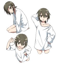 Rule 34 | 1girl, :o, absurdres, arm behind head, arm up, brown eyes, brown hair, collarbone, commentary request, flower, hair between eyes, hair flower, hair ornament, hairclip, hand on own hip, head tilt, highres, long sleeves, minowa gin, minowa sukyaru, multiple views, oversized clothes, oversized shirt, parted lips, seiza, shirt, simple background, sitting, v, washio sumi wa yuusha de aru, white background, white flower, white shirt, yuusha de aru