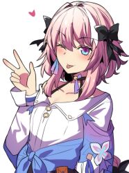 Rule 34 | 1boy, aqua eyes, astolfo (fate), black ribbon, blush, choker, collarbone, commentary, cosplay, english commentary, fate/apocrypha, fate (series), hair ribbon, heart, highres, hinghoi, honkai: star rail, honkai (series), jacket, long sleeves, looking at viewer, male focus, march 7th (honkai: star rail), march 7th (honkai: star rail) (cosplay), march 7th (preservation) (honkai: star rail), multicolored eyes, one eye closed, pink hair, purple eyes, ribbon, shirt, simple background, solo, tied jacket, trap, two-tone eyes, upper body, v, white background, white shirt