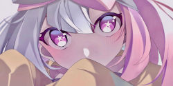 Rule 34 | 1girl, blurry, blush, cat adonis25, close-up, commentary request, covering own mouth, creatures (company), eyelashes, game freak, grey hair, highres, iono (pokemon), jacket, looking at viewer, multicolored hair, nintendo, pink hair, pokemon, pokemon sv, portrait, purple eyes, solo, star (symbol), star in eye, symbol in eye, two-tone hair, yellow jacket