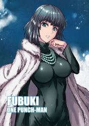 Rule 34 | 1girl, absurdres, black hair, breasts, coat, dress, fish.boy, fubuki (one-punch man), fur coat, green dress, green eyes, highres, jewelry, large breasts, looking at viewer, necklace, one-punch man, open clothes, open coat, parted lips, short hair, solo