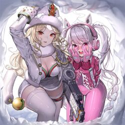 Rule 34 | 2girls, alice (nikke), animal, bad anatomy, blonde hair, blush, bodysuit, breasts, buttons, cleavage, covered navel, covering face, detached sleeves, dress, embarrassed, fingerless gloves, fingernails, fur collar, fur hat, fur trim, game cg, garter straps, gloves, goddess of victory: nikke, gold trim, hand on own face, hand on own hip, hat, head tilt, headpat, headphones, headset, holding, holding weapon, jacket, long hair, long sleeves, ludmilla (nikke), medium breasts, multiple girls, non-web source, official art, open clothes, open jacket, open mouth, orange hair, pink bodysuit, pink hair, pink headphones, rabbit, shiny clothes, shiny skin, short dress, shrug (clothing), skin tight, smile, snow, snow on head, teeth, thighhighs, turtleneck, twintails, upper teeth only, ushanka, weapon, white dress, zettai ryouiki