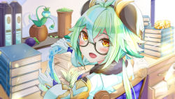 Rule 34 | 1girl, :d, animal ears, blurry, book, book stack, cat ears, cat tail, chair, commentary request, depth of field, flask, from behind, genshin impact, glasses, green hair, hair between eyes, hat, highres, holding, long hair, long sleeves, looking at viewer, looking back, low ponytail, open mouth, plant, potted plant, semi-rimless eyewear, sidelocks, smile, solo, sucrose (genshin impact), table, tail, tobikaze89, yellow eyes