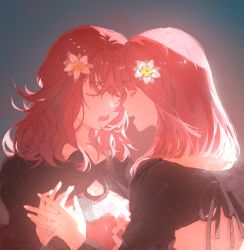 Rule 34 | 2girls, back cutout, closed eyes, clothing cutout, devola, fingernails, flower, hair flower, hair ornament, heads together, highres, holding hands, long hair, long sleeves, messy hair, multiple girls, nier, nier (series), open mouth, pakko, popola, red hair, siblings, sisters, twins, upper body