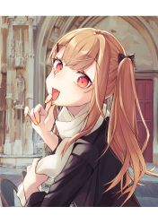 Rule 34 | 1girl, black jacket, bow, brown eyes, brown hair, finger to mouth, girls&#039; frontline, hair bow, hair ornament, highres, jacket, long hair, looking at viewer, nail polish, open mouth, sakana-ko, scarf, solo, twintails, ump9 (girls&#039; frontline), white scarf