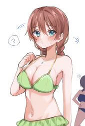 Rule 34 | 2girls, ?, aqua eyes, asaka karin, bare shoulders, bikini, blush, braid, breasts, brown hair, cleavage, closed mouth, commentary request, emma verde, furrowed brow, green bikini, hair between eyes, highres, jewelry, looking at viewer, love live!, love live! nijigasaki high school idol club, low twintails, medium hair, midriff, motion lines, multiple girls, navel, necklace, osora dao, sidelocks, solo focus, spoken question mark, standing, sweat, swimsuit, twin braids, twintails, upper body, white background