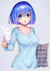 Rule 34 | 1girl, absurdres, alternate costume, blue eyes, blue hair, breasts, collarbone, commentary request, covered erect nipples, cup, hair ornament, hair over one eye, highres, holding, holding cup, huge filesize, large breasts, looking at viewer, m.tokotsu, open mouth, pajamas, re:zero kara hajimeru isekai seikatsu, rem (re:zero), short hair, solo, x hair ornament