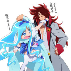 Rule 34 | 10s, 1boy, 1girl, ahoge, angry, blue eyes, blue hair, blue skirt, bow, brooch, cure marine, dress, embarrassed, frown, hair ornament, hairpin, hand on own hip, heart, heart brooch, heartcatch precure!, hip focus, jacket, jewelry, kumojacky, kurumi erika, long hair, magical girl, messy hair, precure, punching, red eyes, red hair, ribbon, satowo, scarf, shirt, shoes, sidelocks, simple background, skirt, thighhighs, translated, wrist cuffs