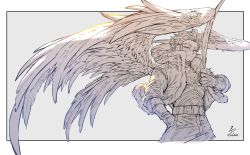 Rule 34 | 1boy, belt, blonde hair, boku no hero academia, border, costume, cowboy shot, facial hair, facial mark, feather sword, feathered wings, fur-trimmed jacket, fur trim, gloves, goatee, hand in pocket, hawks (boku no hero academia), headphones, highres, holding, holding sword, holding weapon, jacket, limited palette, looking at viewer, male focus, outside border, pants, rimless eyewear, shirt, short hair, signature, simple background, skin tight, solo, sss dxd, stubble, sword, tight clothes, tight shirt, twitter username, unconventional weapon, weapon, white border, white theme, wind, wings