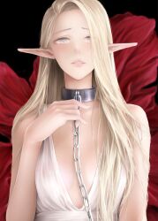 Rule 34 | 1girl, blonde hair, breasts, chain, chain leash, collar, commentary request, cover, cover page, dress, elf, highres, leash, long hair, looking at viewer, metal collar, original, parted lips, pointy ears, revealing clothes, shiki takuto, small breasts, solo, textless version, upper body, white dress, white eyes