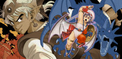 Rule 34 | armpits, bat wings, belt, character request, chiaki rakutarou, dragon, dragon quest, dragon quest iv, earrings, fangs, hat, highres, holding, jewelry, mob cap, open mouth, parody, pointy ears, red eyes, remilia scarlet, sharp teeth, shield, slime (dragon quest), style parody, sword, teeth, toriyama akira (style), touhou, weapon, wings