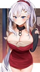 Rule 34 | 1girl, absurdres, alternate costume, apron, azur lane, belfast (azur lane), belfast (piping-hot perfection) (azur lane), blue eyes, blush, braid, breasts, chain, cleavage, collar, collarbone, earrings, french braid, hair ornament, hairclip, high collar, highres, holding, holding tray, jewelry, large breasts, long hair, looking at viewer, nail polish, outside border, parted lips, red apron, red nails, reel (riru), silver hair, smile, solo, tray, very long hair