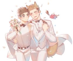Rule 34 | 2boys, animal ear fluff, animal ears, blonde hair, bouquet, bow, bowtie, bulge, cowboy shot, creature, dog boy, dog ears, dog tail, dress, flower, formal, gondom, holding hands, highres, interlocked fingers, male focus, multiple boys, original, pants, petals, short hair, sideburns, spiked hair, suit, tail, thick eyebrows, wedding, wedding dress, white pants, white suit, yaoi, yellow eyes