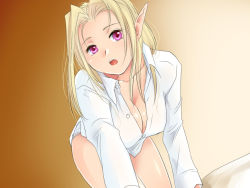 Rule 34 | 1girl, all fours, blonde hair, breasts, cleavage, dress shirt, fang, gradient background, lace, lace-trimmed panties, lace trim, large breasts, long sleeves, looking at viewer, no pants, open clothes, open mouth, open shirt, original, panties, pink eyes, pointy ears, shiny skin, shirt, solo, underwear, white panties, yagisaka seto
