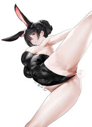Rule 34 | 1girl, absurdres, anal, anal object insertion, anal tail, animal ear fluff, animal ears, armpits, bare legs, bare shoulders, black hair, black leotard, blush, breasts, censored, clothing aside, fake tail, from below, hair between eyes, hair bun, highleg, highleg leotard, highres, large breasts, leotard, leotard aside, looking down, mosaic censoring, object insertion, original, parted lips, playboy bunny, pussy, rabbit ears, rabbit tail, short hair, simple background, single hair bun, smile, solo, standing, standing on one leg, tail, thighs, white background, xiaoluo xl