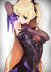 Rule 34 | 1girl, absurdres, arm up, armpits, bad id, bad pixiv id, bare shoulders, black dress, black gloves, black ribbon, blonde hair, bodystocking, bow, bowtie, breasts, center opening, closed mouth, dress, elbow gloves, eyepatch, fischl (genshin impact), genshin impact, gloves, gradient background, green eyes, hair ribbon, highres, lipstick, long hair, looking at viewer, makeup, medium breasts, one eye covered, pomesaurus, purple bow, purple bowtie, ribbon, solo, spread armpit, two side up, upper body, very long hair, white background