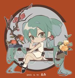 Rule 34 | 1girl, absurdly long hair, apricot flower, aqua eyes, aqua hair, bare arms, bench, black bow, black footwear, bow, chibi, china dress, chinese clothes, chrysanthemum, circle, crossed legs, dated, dress, flower, folded hair, full body, green eyes, hair flower, hair flowing over, hair ornament, half updo, hatsune miku, highres, long hair, looking at viewer, ofgwr, outline, outstretched arm, pink flower, plant, potted plant, railing, red background, red flower, shaohua hatsune miku, shoes, short dress, side slit, sitting, socks, solo, very long hair, vocaloid, white dress, white outline, white socks, yellow flower