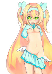 Rule 34 | 1girl, beigu, blazblue, blonde hair, breasts, covering privates, covering breasts, gloves, grabbing own breast, green eyes, hair ribbon, heart, heart-shaped pupils, licking, long hair, low-tied long hair, medium breasts, no panties, platinum the trinity, quad tails, ribbon, skirt, symbol-shaped pupils, twintails