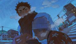 Rule 34 | 1boy, 1girl, akaashi keiji, blue background, blue sky, breath, brown eyes, brown gloves, brown hair, brown scarf, building, car, chengongzi123, chinese commentary, city, closed mouth, coat, commentary request, crosswalk, fisheye, gloves, grey hair, haikyuu!!, highres, holding, long sleeves, looking at viewer, motor vehicle, old, old woman, open mouth, power lines, road, scarf, short hair, sky, smile, snow, standing, upper body, utility pole, very short hair