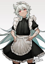 Rule 34 | 1boy, absurdres, ahoge, alternate costume, bandaged arm, bandages, bishounen, crossdressing, enmaided, genshin impact, grey hair, hand on own hip, highres, linpiu, long hair, looking at viewer, maid, male focus, razor (genshin impact), red eyes, scar, scar on face, simple background, smirk, solo, thighhighs, white background