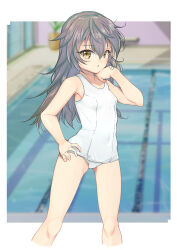 Rule 34 | 1girl, alice gear aegis, blurry, blurry background, brown eyes, feet out of frame, flat chest, gradient hair, hand on own hip, highres, indoors, long hair, looking at viewer, multicolored hair, navel, one-piece swimsuit, pool, school swimsuit, shinonome chie, smile, solo, standing, swimsuit, white one-piece swimsuit, yashin (yasinz)