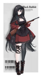 Rule 34 | 1girl, absurdres, anaketu, animal ears, apron, barcode, black apron, black hair, boots, breasts, brown eyes, brown footwear, cleavage, cleavage cutout, clothing cutout, cross-laced footwear, dress, gun, highres, holding, holding gun, holding weapon, hood, lace-up boots, large breasts, long hair, original, rabbit ears, rabbit girl, red dress, single thighhigh, solo, standing, thighhighs, very long hair, weapon